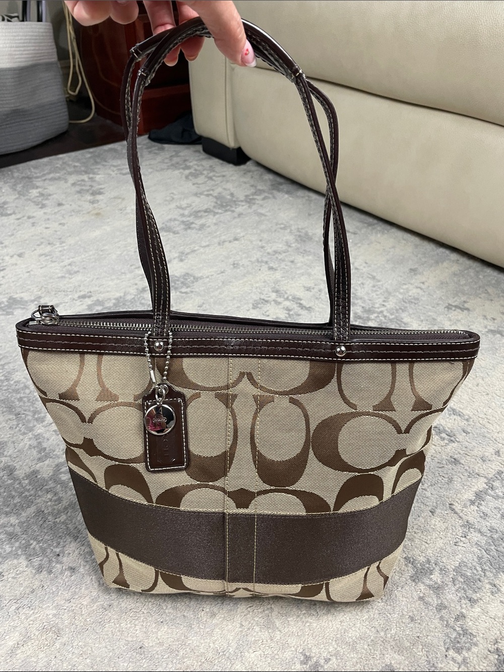 Coach Signature Stripe Tote Bag Purse Brown Y2K F13548